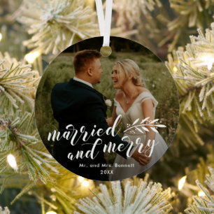 Ornement En Métal Mariés et joyeux texte photo de mariage de Noël