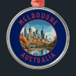 Ornement En Métal Melbourne Australie Retro Cercle désorganisé<br><div class="desc">Conception rétro de voyage vectoriel Melbourne. Melbourne est la capitale côtière de l'État de Victoria,  dans le sud-est de l'Australie. Au centre de la ville se trouve le développement Carré moderne de la Fédération,  avec des places,  des bars et des restaurants au bord de la rivière Yarra.</div>