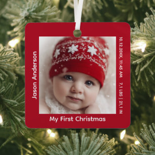 Ornement En Métal Mémoire photo de premier Noël de bébé en rouge élé