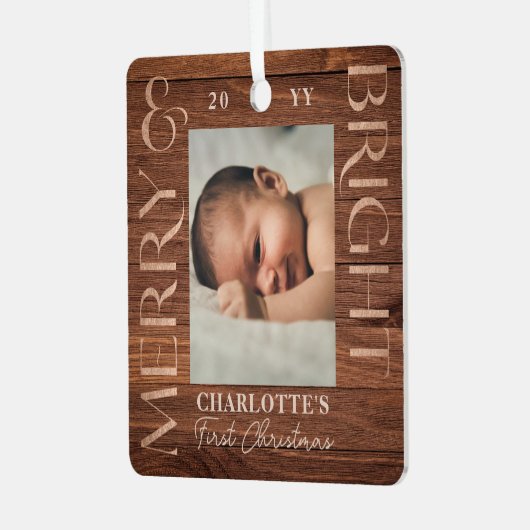 Ornement En Métal Merry Bright Baby 1er Noël Photo Woodgrain (Avant gauche)