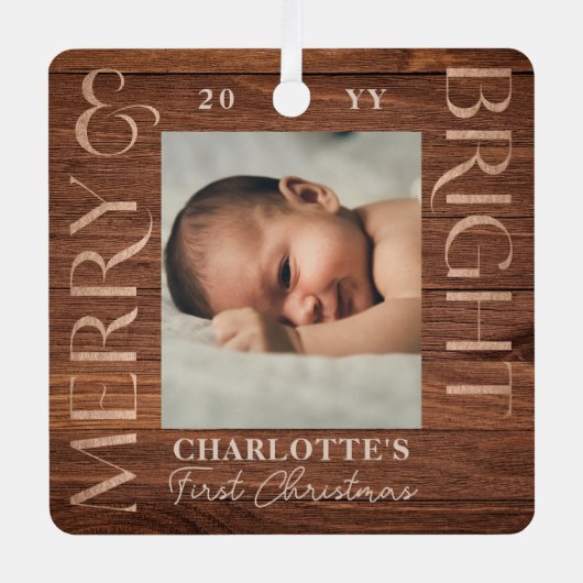 Ornement En Métal Merry Bright Baby 1er Noël Photo Woodgrain (Recto)
