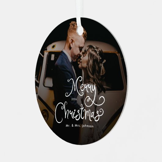 Ornement En Métal Merry Christmas Whimsical Script Custom Photo (Avant gauche)