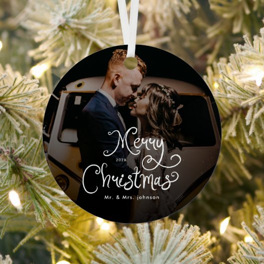 Ornement En Métal Merry Christmas Whimsical Script Custom Photo (Insitu)