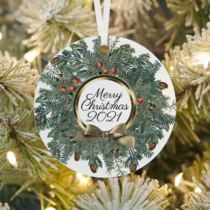 Ornement En Métal Merry Christmas Wreath Personnalisé Vintage Gold