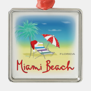 Ornement En Métal Miami Beach avec Santa Hat, Palms