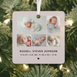 Ornement En Métal Modern 5 Photos Birth Announcement<br><div class="desc">Modern 5 multi photos on a grid displaying your favorite newborn infant photos with name and birth stats dusty blush rose metal ornament.</div>