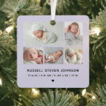 Ornement En Métal Modern 5 Photos Birth Announcement<br><div class="desc">Modern 5 multi photos on a grid displaying your favorite newborn infant photos with name and birth stats dusty purple metal ornament.</div>