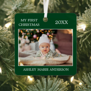 Ornement En Métal Modern My First Christmas Baby Photo Green