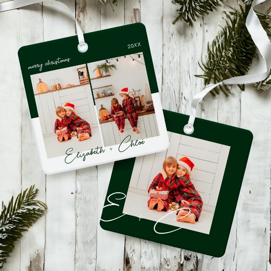 Ornement En Métal Moderne tendance vert & blanc Nom Monogramme 3 Pho