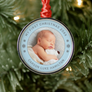 Ornement En Métal Mon premier Noël bleu personnalisé avec photo de b