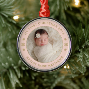 Ornement En Métal Mon Premier Noël Blush Gold Photo Personnalisé de