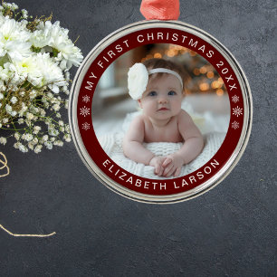 Ornement En Métal Mon premier Noël personnalisé bébé photo rouge