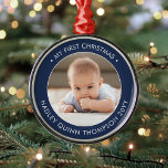 Ornement En Métal Mon premier Noël photo bébé moderne Marine & Blanc<br><div class="desc">Célébrez les joies simples de votre nouveau membre de la famille avec une photo personnalisée bleu marine et blanc nouveau bébé garçon ornement de métal rond. L'écriture et l'image de ce modèle sont simples à personnaliser. La citation "Mon premier Noël" est facile à changer en coque, il est nécessaire pour...</div>