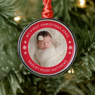 Ornement En Métal Mon premier Noël rouge personnalisé Photo de bébé
