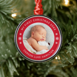 Ornement En Métal Mon premier Noël rouge personnalisé photo de bébé