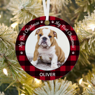 Ornement En Métal Mon premier Noël Rouge Plaid Chien Chien Chien Chi