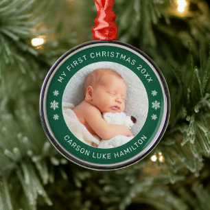 Ornement En Métal Mon premier Noël vert Photo de bébé personnalisée