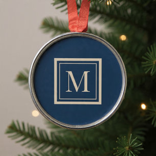 Ornement En Métal Monogramme encadré bleu personnalisé et vanille