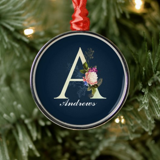 Ornement En Métal Monogramme floral élégant Un bleu foncé (Arbre)