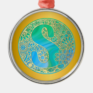 Ornement En Métal Monogramme Initial S Noël - Or, Turquoise & Bleu