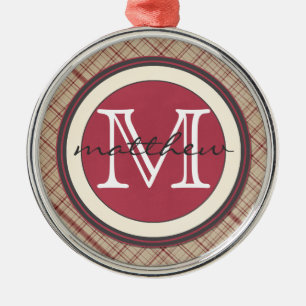 Ornement En Métal Monogramme rouge personnalisé de plaid