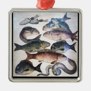 ORNEMENT EN MÉTAL MOSAÏQUES ROMAINES ANTIQUES, POISSONS, ESPACE DE V