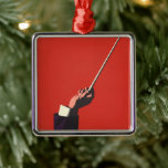 Ornement En Métal Musique vintage, main du chef tenant un baton<br><div class="desc">dessin vintage de musique d'illustration mettant en vedette le bras d'un chef d'orchestre et la main tenant une matraque prête à commencer à diriger une performance musicale classique. Sur un arrière - plan rouge.</div>