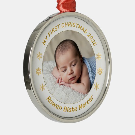 Ornement En Métal My First Christmas Gold Personalized Baby Photo (Droite)