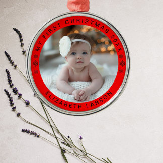 Ornement En Métal My First Christmas Personalized Baby Photo Red