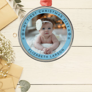 Ornement En Métal My First Christmas Personalized Baby Photo Red