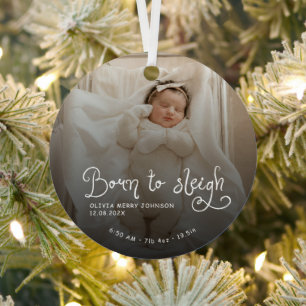 Ornement En Métal Né pour dévaler bébé photo naissance stats Noël