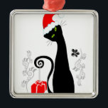 Ornement En Métal Noël moderne Kitty<br><div class="desc">Kitty de Noël moderne portant le chapeau de Noël</div>