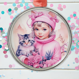 Ornement En Métal Noël petite fille rose vintage