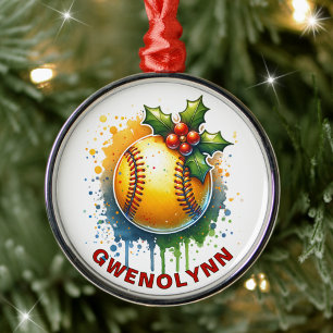 Ornement En Métal Nom personnalisé du softball de Noël