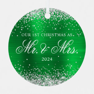 Ornement En Métal Notre 1er Noël Photo Paillettes Argent Vert Feuill