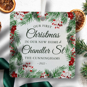 Ornement En Métal Notre premier Noël dans notre nouvelle aquarelle