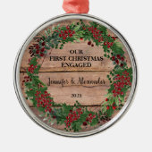 Ornement En Métal Notre premier Noël engagé des baies de bois rustiq (Devant)