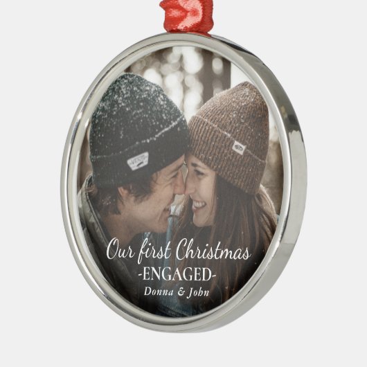 Ornement En Métal Notre premier Noël Engagé Élégant Script Photo (Gauche)