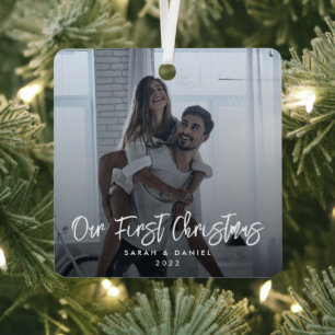 Ornement En Métal Notre première photo de Noël moderne minimal éléga