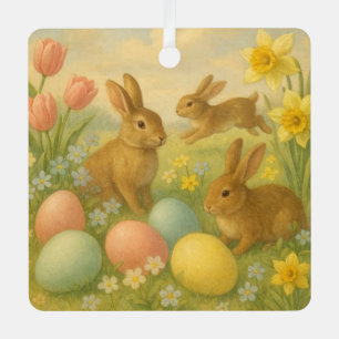 Ornement En Métal Oeuf de Pâques Lapin Vintage/Printemps