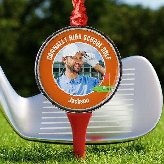 Ornement En Métal Orange Golfer Photo Custom Golf Team Christmas