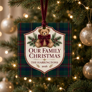 Ornement En Métal Ours en tartan avec photo de famille personnalisée