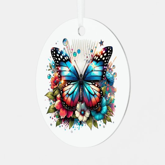 Ornement En Métal Papillon bleu et fleurs Noël personnalisé (Avant gauche)