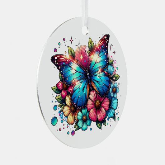 Ornement En Métal Papillon bleu et fleurs Noël personnalisé (Avant droite)