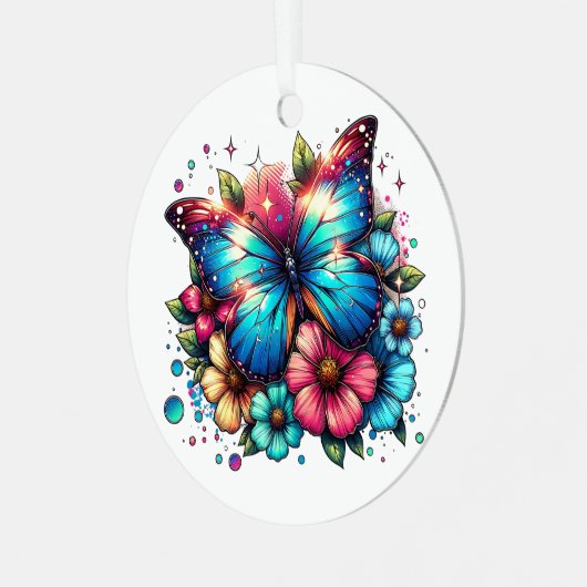 Ornement En Métal Papillon bleu et fleurs Noël personnalisé (Avant gauche)