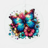 Ornement En Métal Papillon bleu et fleurs Noël personnalisé (Recto)