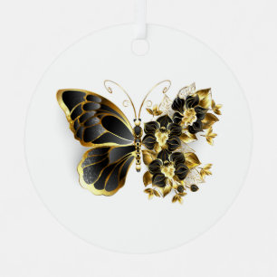 Ornement En Métal Papillon fleur d'or avec orchidée noire