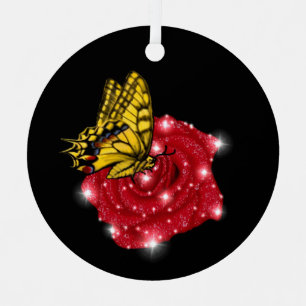 Ornement En Métal Papillon sur rose rouge avec étoiles et gouttes de