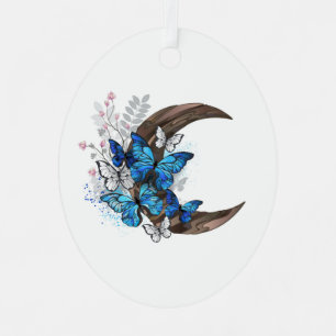 Ornement En Métal Papillons bleus sur croissant en bois