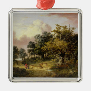 Ornement En Métal Paysage boisé avec la femme et l'enfant marchant